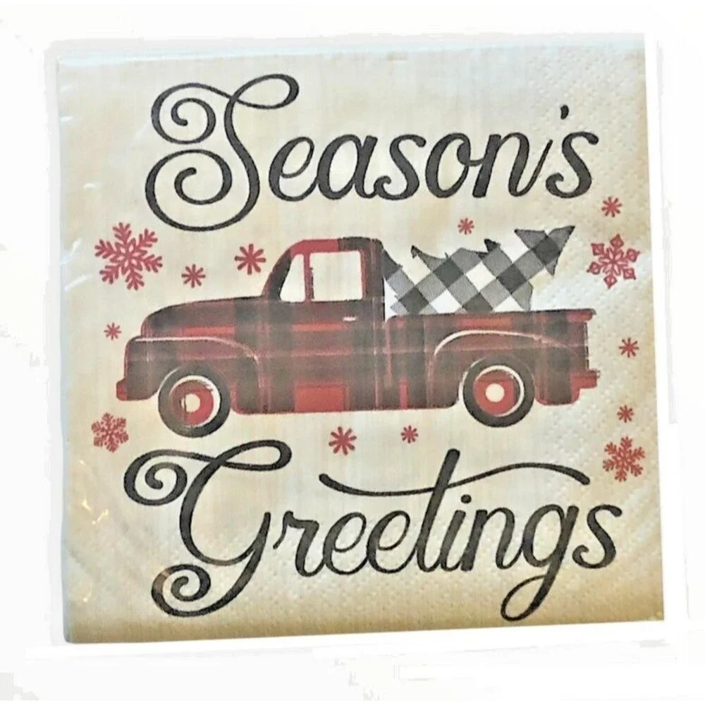 Christmas Red Farm Truck Paper Cocktail Napkins Seasons Greetings 60ct Decoupage